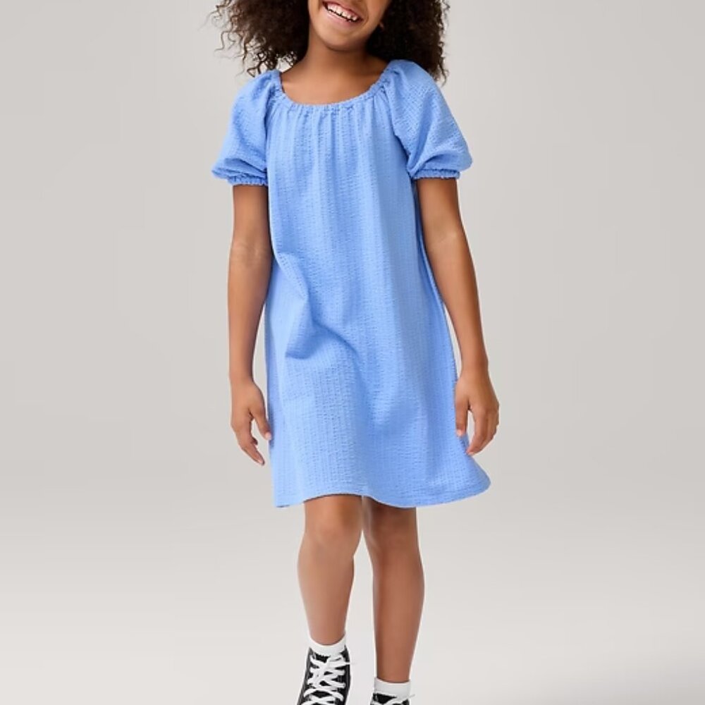 Kids Blue Crinkle Cotton Puff Sleeve Dress/NWT/S (6-7)
